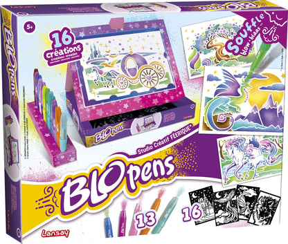 Lansay – Creative Studio BLOPENS | Drawing & Coloring Kit for Children from 5 Years | 13 Blopens Airbrush Effect Felt-Tip Pens + 16 Reusable Stencils | Manual Activity
