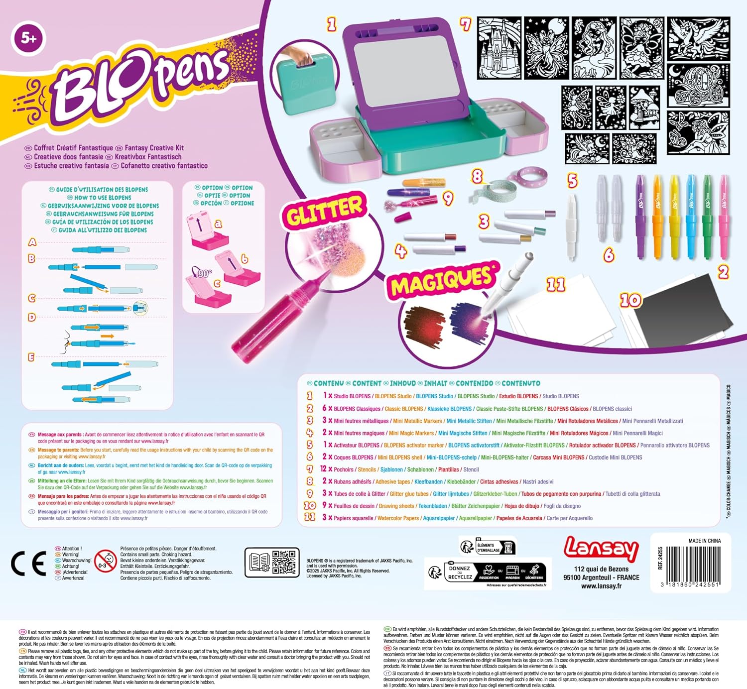 Lansay | BLOPENS FANTASTISCHE CREATIEVE KIST | Tekenpakket voor kinderen met blaasstiften, sjablonen, airbrush-effect en glitters | Creatieve activiteit vanaf 5 jaar | Inclusief accessoires