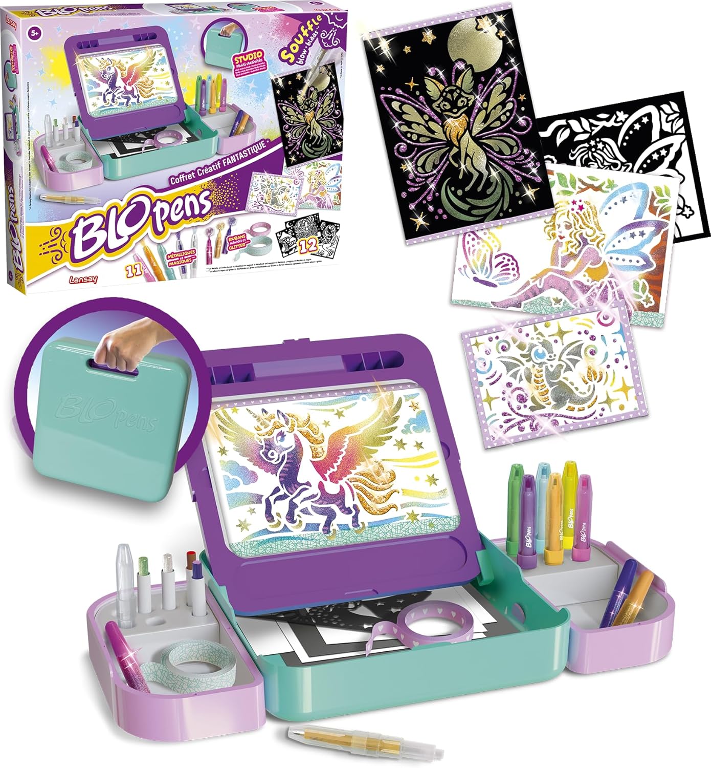 Lansay | BLOPENS FANTASTISCHE CREATIEVE KIST | Tekenpakket voor kinderen met blaasstiften, sjablonen, airbrush-effect en glitters | Creatieve activiteit vanaf 5 jaar | Inclusief accessoires