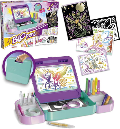 Lansay | BLOPENS FANTASTISCHE CREATIEVE KIST | Tekenpakket voor kinderen met blaasstiften, sjablonen, airbrush-effect en glitters | Creatieve activiteit vanaf 5 jaar | Inclusief accessoires