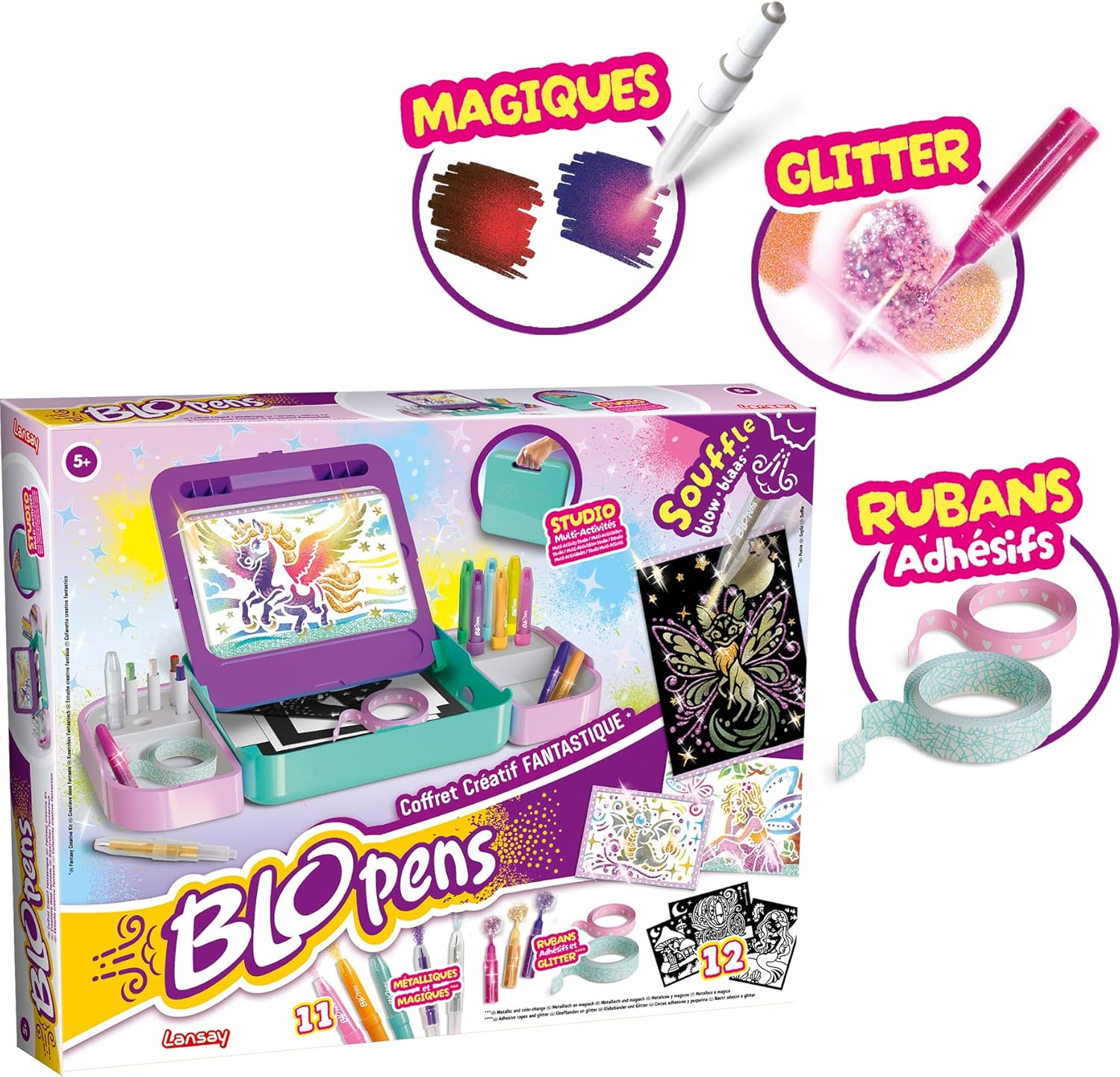 Lansay | BLOPENS FANTASTISCHE CREATIEVE KIST | Tekenpakket voor kinderen met blaasstiften, sjablonen, airbrush-effect en glitters | Creatieve activiteit vanaf 5 jaar | Inclusief accessoires