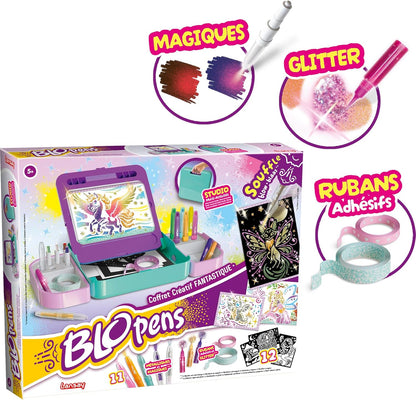 Lansay | BLOPENS FANTASTISCHE CREATIEVE KIST | Tekenpakket voor kinderen met blaasstiften, sjablonen, airbrush-effect en glitters | Creatieve activiteit vanaf 5 jaar | Inclusief accessoires