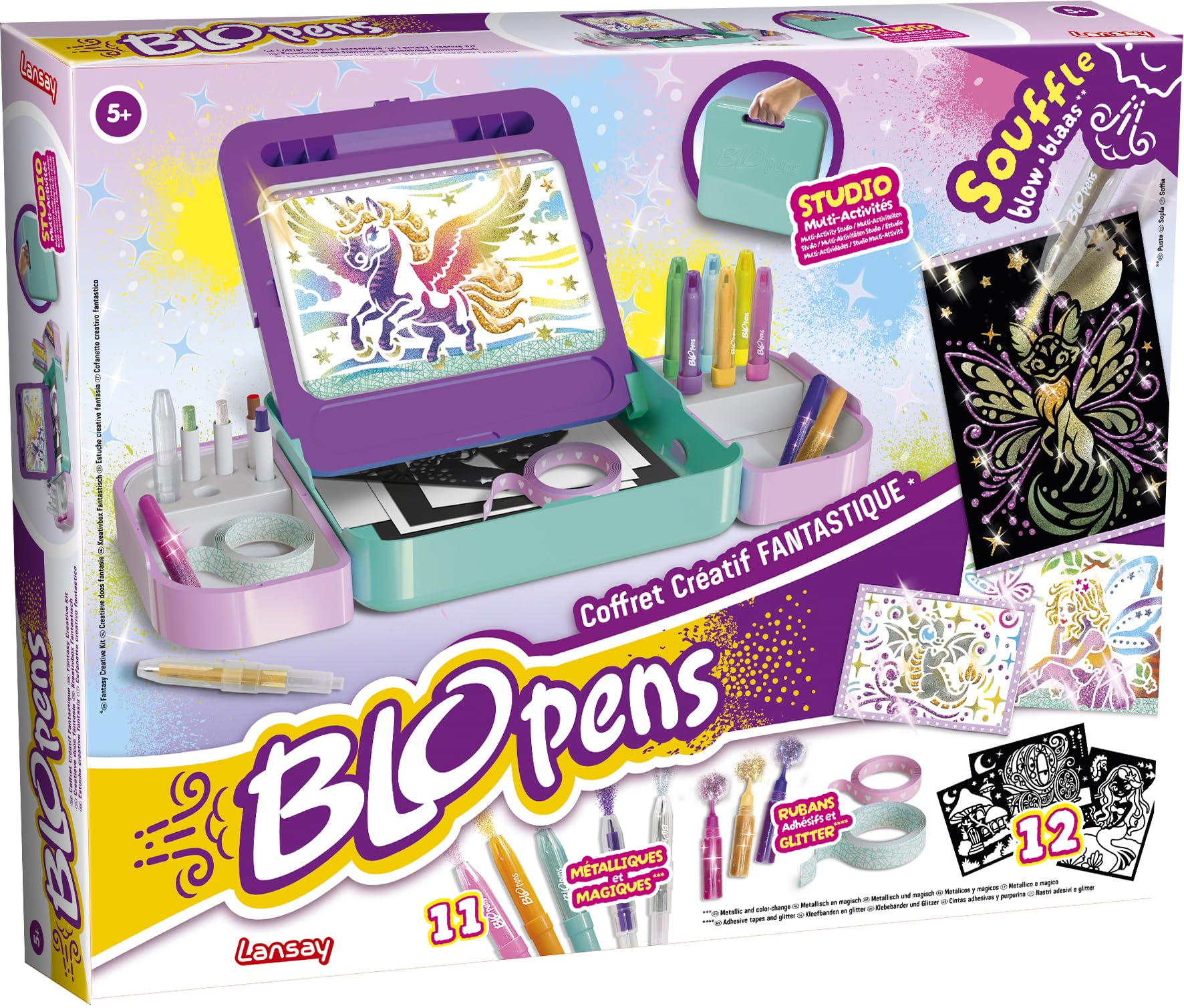 Lansay | BLOPENS FANTASTISCHE CREATIEVE KIST | Tekenpakket voor kinderen met blaasstiften, sjablonen, airbrush-effect en glitters | Creatieve activiteit vanaf 5 jaar | Inclusief accessoires