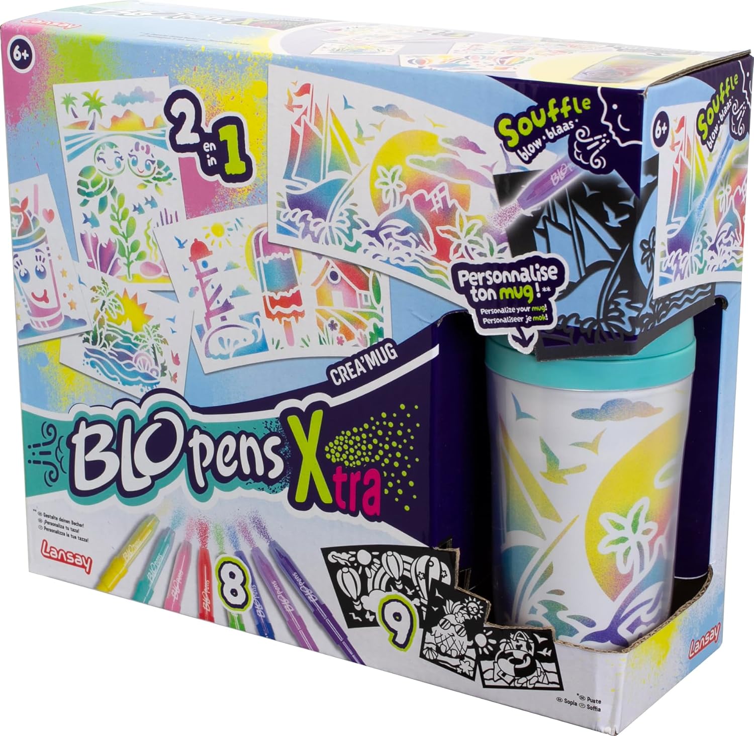 Lansay - BLOPENS X-TRA - Crea'Mok - Personaliseringsset Mok met Beker - Voor Kinderen Vanaf 6 Jaar - 8 Blopens Airbrushstiften + 9 Herbruikbare stencils + 11 Tekenvellen