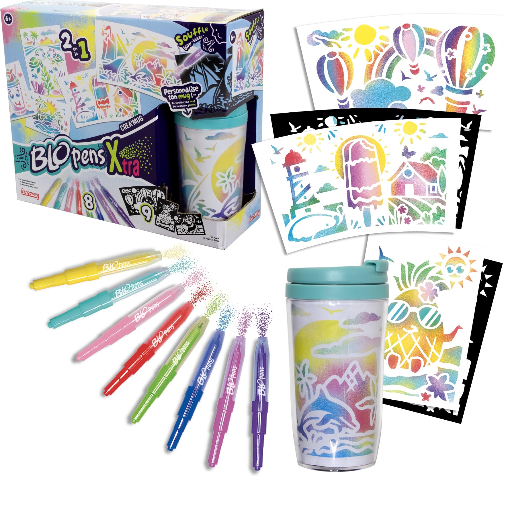 Lansay - BLOPENS X-TRA - Crea'Mok - Personaliseringsset Mok met Beker - Voor Kinderen Vanaf 6 Jaar - 8 Blopens Airbrushstiften + 9 Herbruikbare stencils + 11 Tekenvellen
