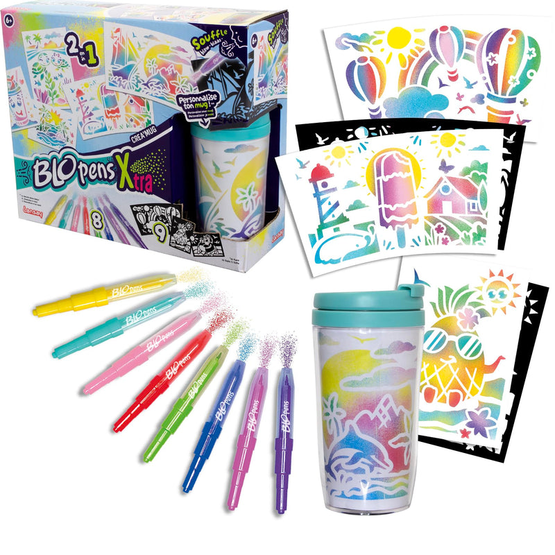 Lansay - BLOPENS X-TRA - Crea'Mok - Personaliseringsset Mok met Beker - Voor Kinderen Vanaf 6 Jaar - 8 Blopens Airbrushstiften + 9 Herbruikbare stencils + 11 Tekenvellen