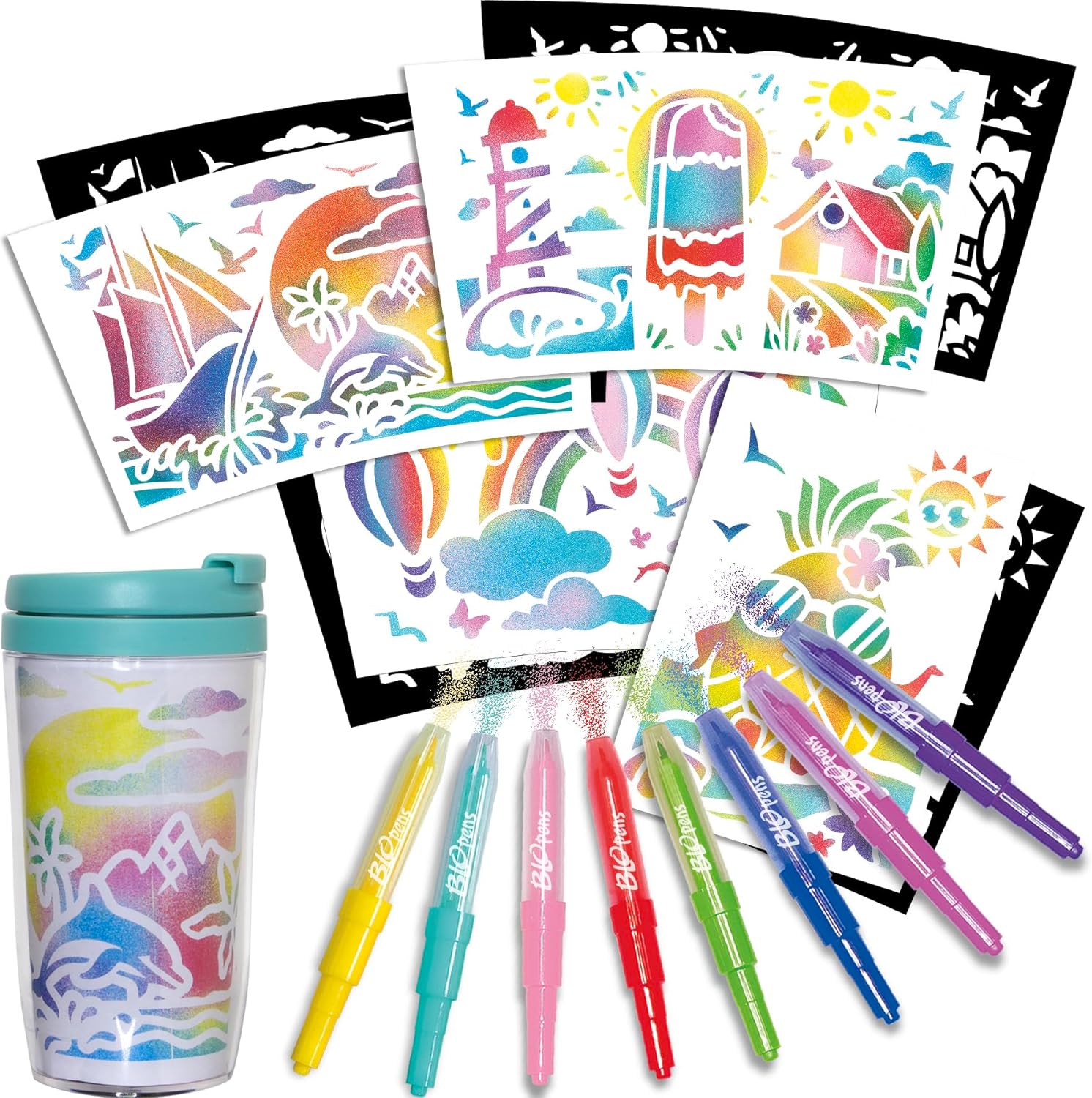 Lansay - BLOPENS X-TRA - Crea'Mok - Personaliseringsset Mok met Beker - Voor Kinderen Vanaf 6 Jaar - 8 Blopens Airbrushstiften + 9 Herbruikbare stencils + 11 Tekenvellen