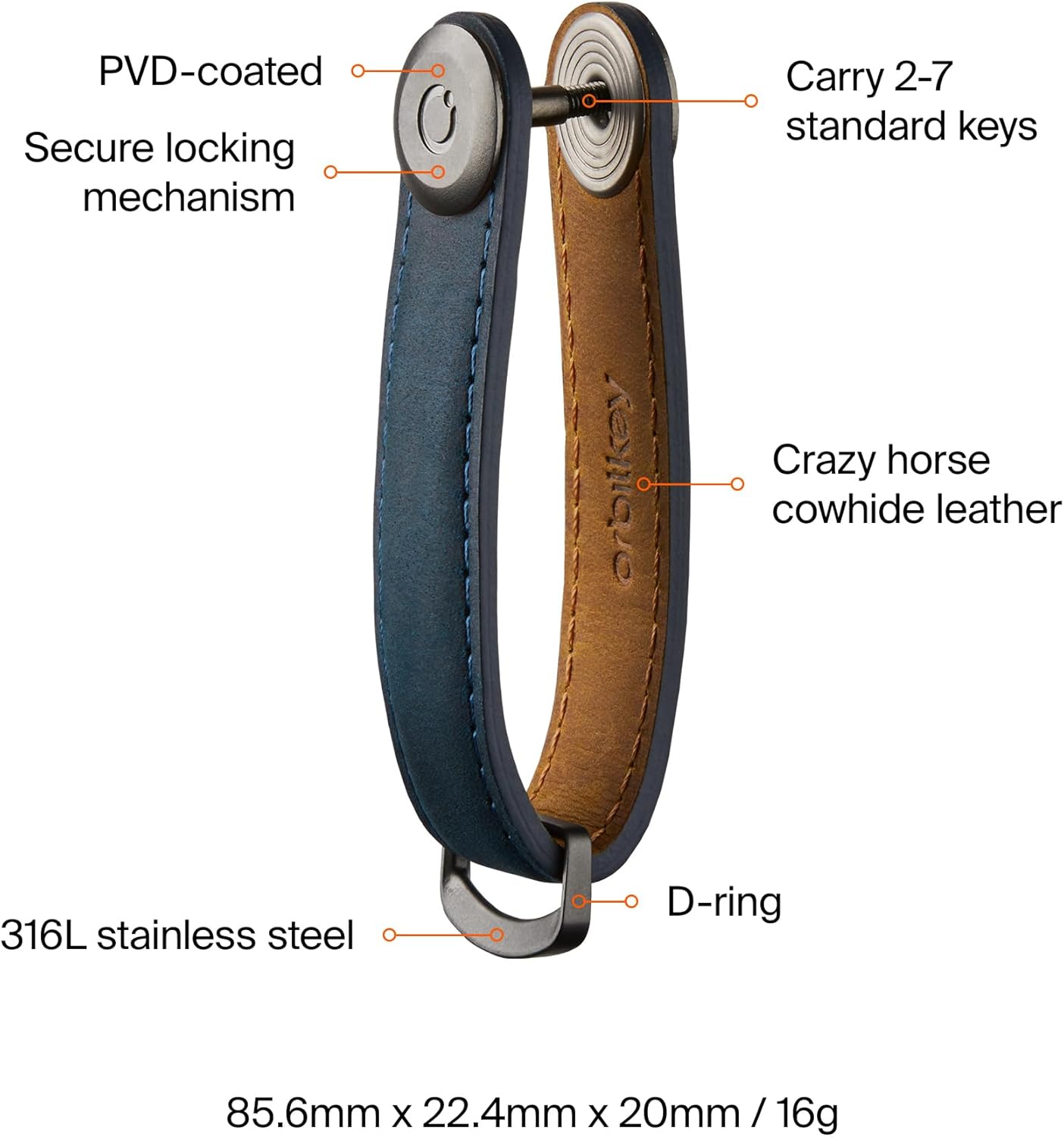 Orbitkey - Crazy Horse Leather Key Organiser - Marine Blue/Blue