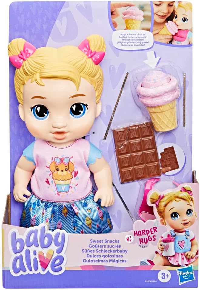 Baby Alive Sweet Snacks Harper Hugs Doll with Food Accessories, Blonde Hair, 28 cm, Toys for 3-year-old Girls and Boys & Up