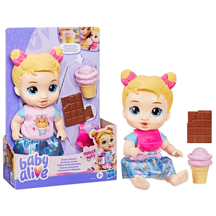 Baby Alive Sweet Snacks Harper Hugs Doll with Food Accessories, Blonde Hair, 28 cm, Toys for 3-year-old Girls and Boys & Up