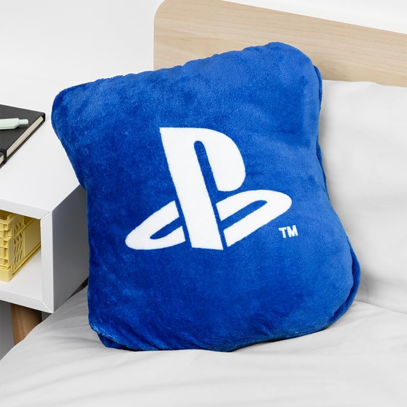 Paladone PlayStation 2-in-1 Cushion Blanket - Officially Licensed Sony Travel Blanket, Foldable Soft Fluffy Throw, Compact Design for Gaming Room or Bedroom Decor, Great for Travelling 120cm x 150cm