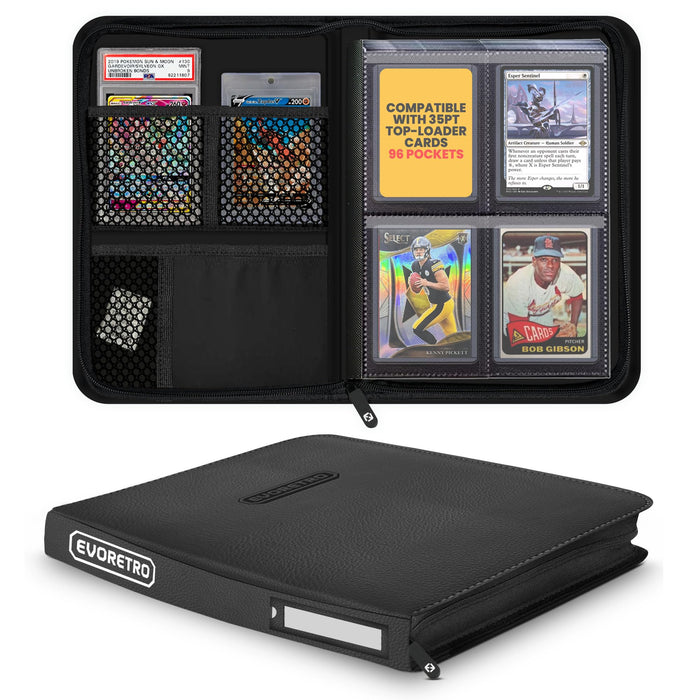 Toploader Binder - 35pt-55pt Topload Card Compatible, 4 Pockets, Black, Portable Toploader Card Storage Album, 96 Slots, Rigid Card Holder, 2 PSA Plate Slots, Lorcana, Pokemon, MTG