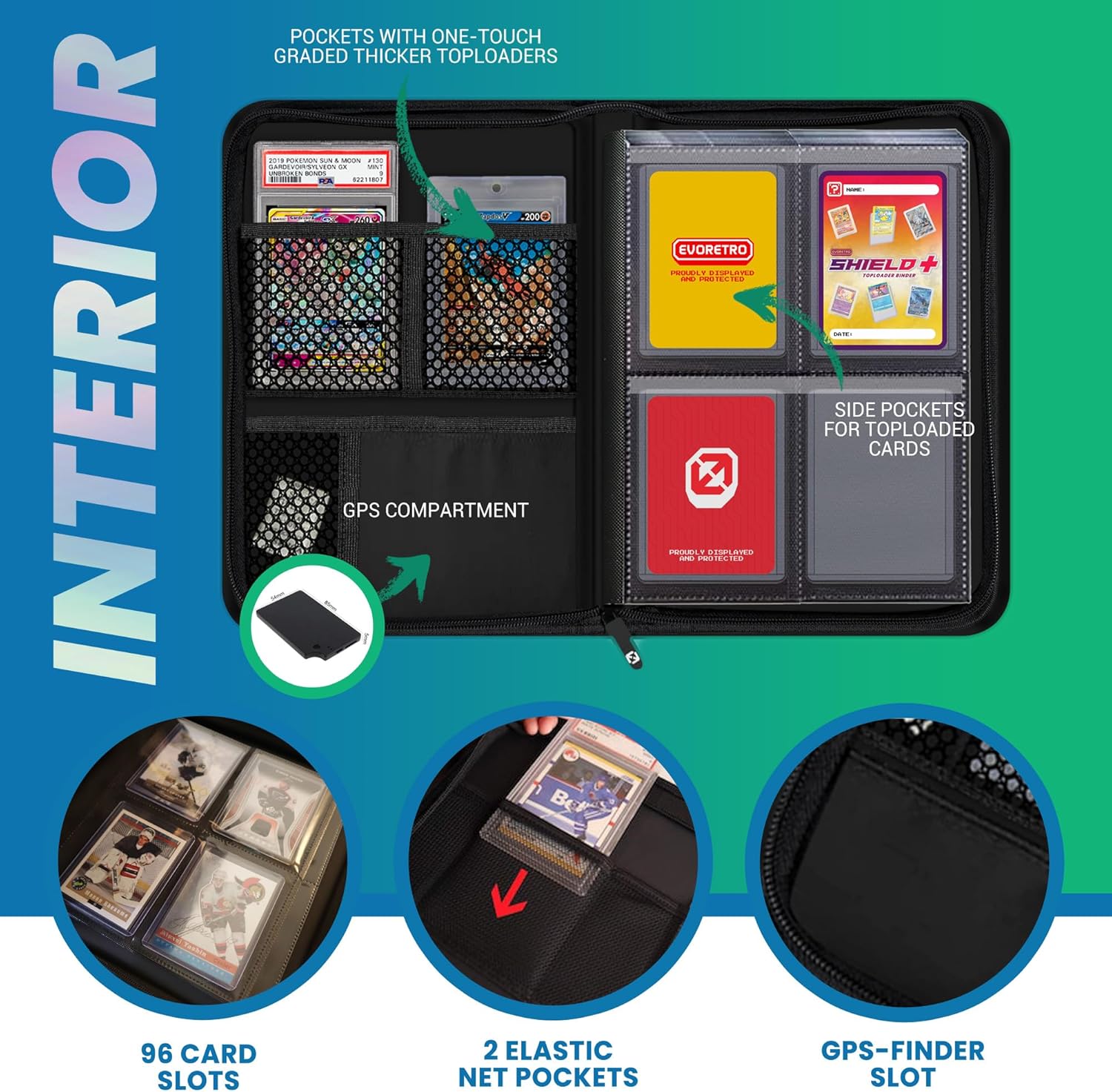 Toploader Binder - 35pt-55pt Topload Card Compatible, 4 Pockets, Black, Portable Toploader Card Storage Album, 96 Slots, Rigid Card Holder, 2 PSA Plate Slots, Lorcana, Pokemon, MTG