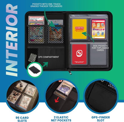 Toploader Binder - 35pt-55pt Topload Card Compatible, 4 Pockets, Black, Portable Toploader Card Storage Album, 96 Slots, Rigid Card Holder, 2 PSA Plate Slots, Lorcana, Pokemon, MTG