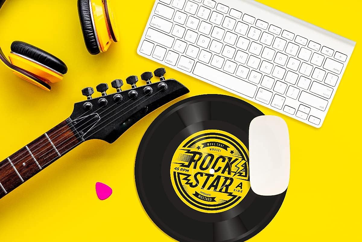 Rock'n'Roll Vinyl Record Ronde Muismat van Mosterd - Comfortabel schuim waterdicht neopreen met antislip rubberen achterkant muismat, uniek bureauaccessoires, cadeau idee voor collega's op kantoor
