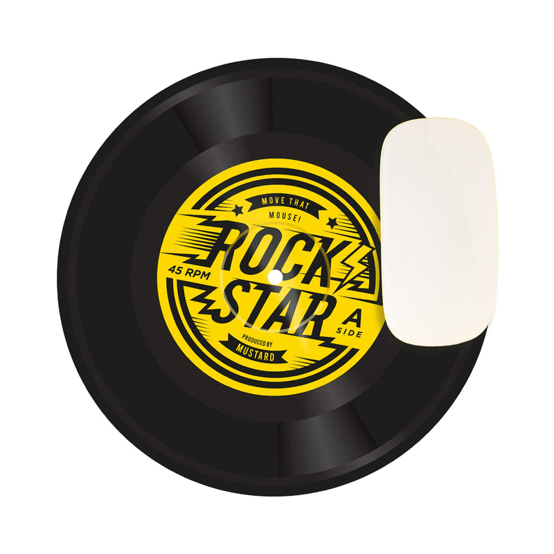 Rock'n'Roll Vinyl Record Ronde Muismat van Mosterd - Comfortabel schuim waterdicht neopreen met antislip rubberen achterkant muismat, uniek bureauaccessoires, cadeau idee voor collega's op kantoor