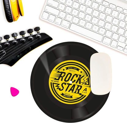 Rock'n'Roll Vinyl Record Ronde Muismat van Mosterd - Comfortabel schuim waterdicht neopreen met antislip rubberen achterkant muismat, uniek bureauaccessoires, cadeau idee voor collega's op kantoor