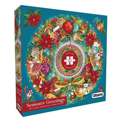 Gibsons Seasons Greetings 500 Piece Circular Jigsaw Puzzle for Adults Challenging Christmas Wreath Design Festive Gift Eco-Friendly 100% Recycled Board Premium Puzzle by Gibsons Games