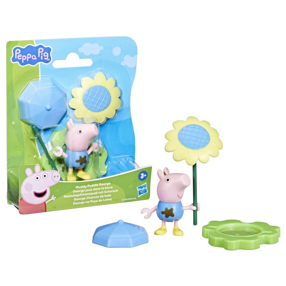 Peppa Pig Muddy Puddle George Figure with Umbrella and Flower Accessories, Preschool Toy for Boys and Girls Aged 3+