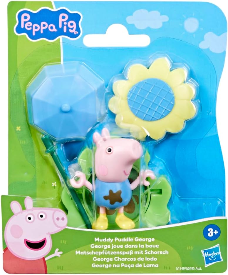 Peppa Pig Muddy Puddle George Figure with Umbrella and Flower Accessories, Preschool Toy for Boys and Girls Aged 3+