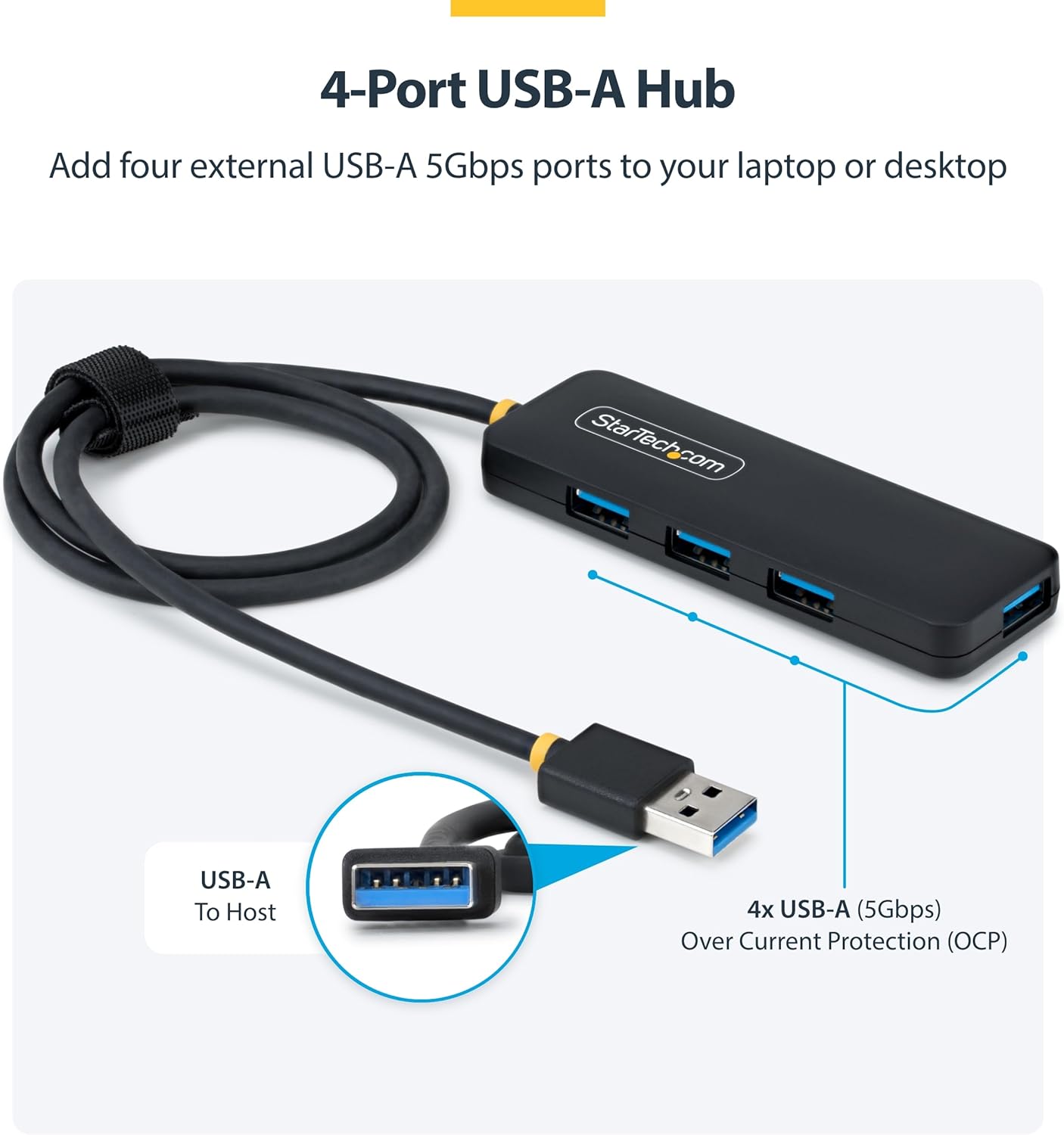 StarTech.com 4-Port USB-A Hub, 5Gbps, Bus Powered, 4x USB-A Mini Hub, Extra Long 2ft/61cm Host Cable, PCR Plastic