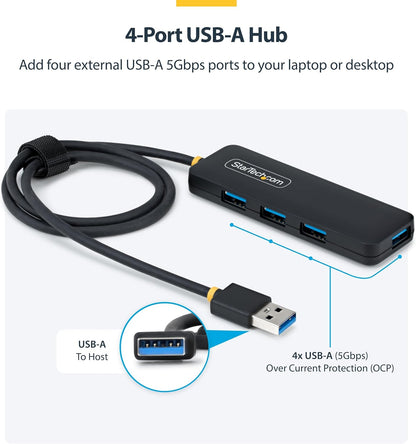 StarTech.com 4-Port USB-A Hub, 5Gbps, Bus Powered, 4x USB-A Mini Hub, Extra Long 2ft/61cm Host Cable, PCR Plastic