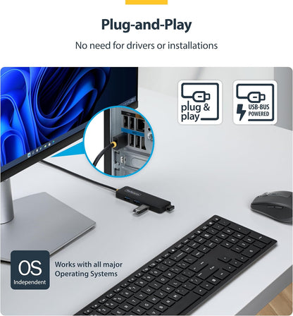 StarTech.com 4-Port USB-A Hub, 5Gbps, Bus Powered, 4x USB-A Mini Hub, Extra Long 2ft/61cm Host Cable, PCR Plastic