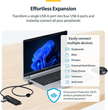 StarTech.com 4-Port USB-A Hub, 5Gbps, Bus Powered, 4x USB-A Mini Hub, Extra Long 2ft/61cm Host Cable, PCR Plastic