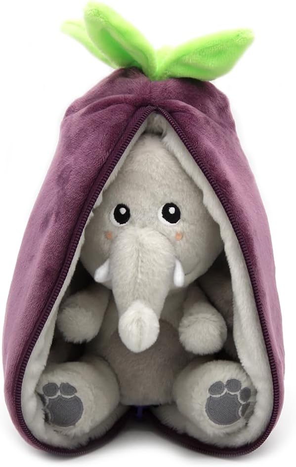 LES DÉGLINGOS - Veggie Serie - Snoep Velvet Olifant/Aubergine - Olifant Omkeerbare Verbergt - Zachte Pluche Baby - Geboortecadeau-ideeën