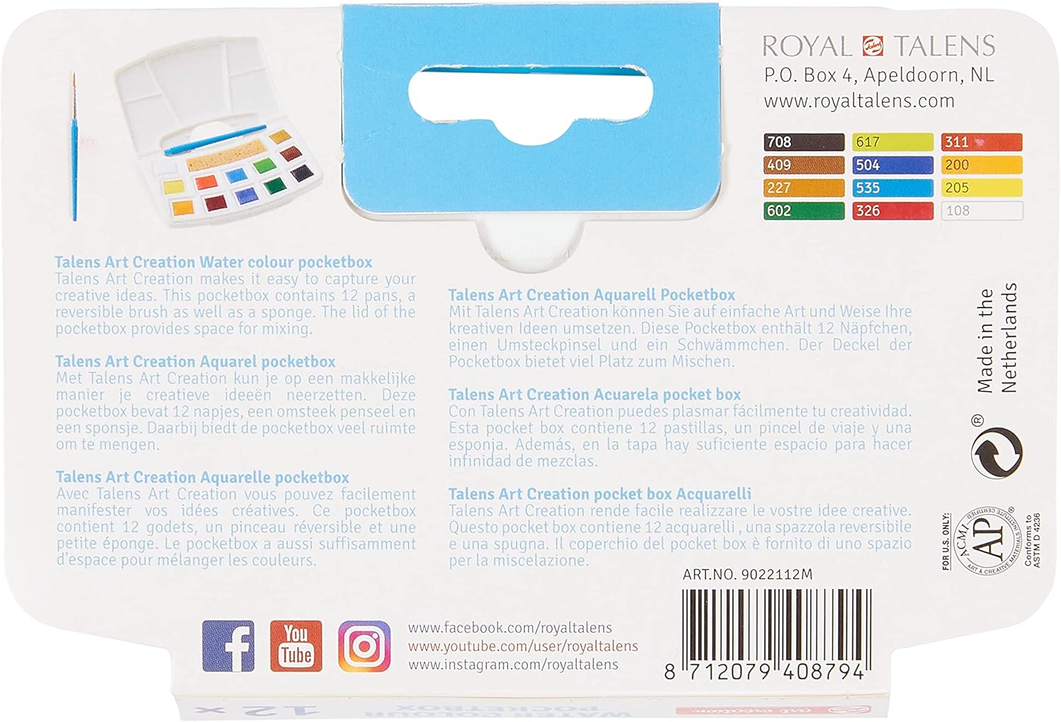 Talens Art Creation Aquarelverf Pocket Box met 12 Kleuren, Penseel & Spons | Schilderen voor Volwassenen