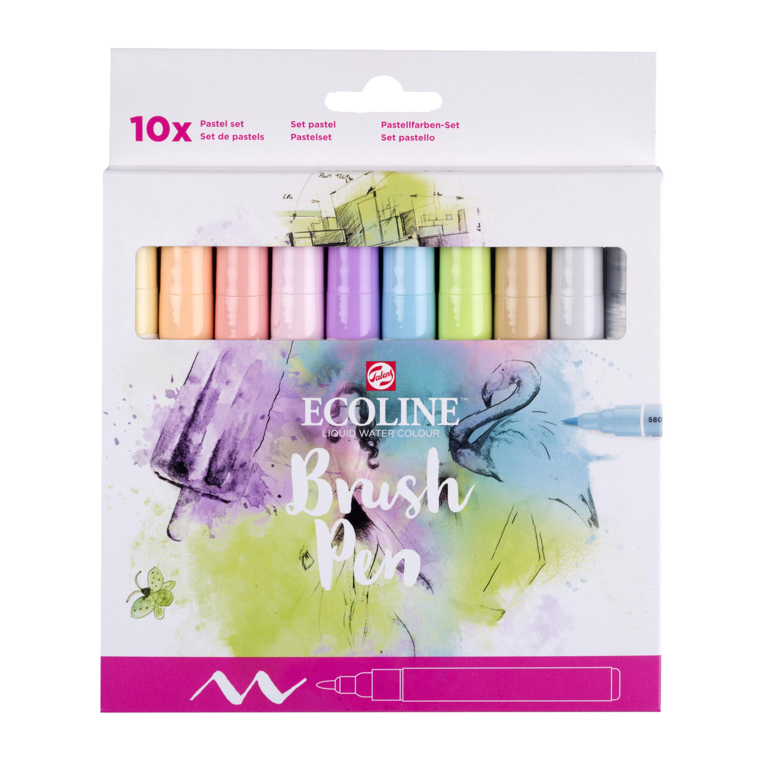 Ecoline Brush Pen Set van 10 - Pastel | Penseelstiften met Aquarelverf voor Bullet Journal, Handlettering, Kleurboeken & Tekenen