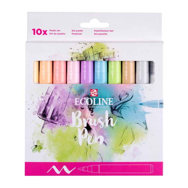 Ecoline Brush Pen Set van 10 - Pastel | Penseelstiften met Aquarelverf voor Bullet Journal, Handlettering, Kleurboeken & Tekenen