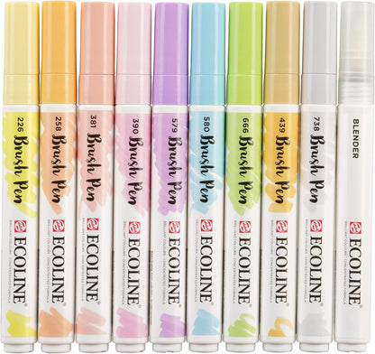Ecoline Brush Pen Set van 10 - Pastel | Penseelstiften met Aquarelverf voor Bullet Journal, Handlettering, Kleurboeken & Tekenen