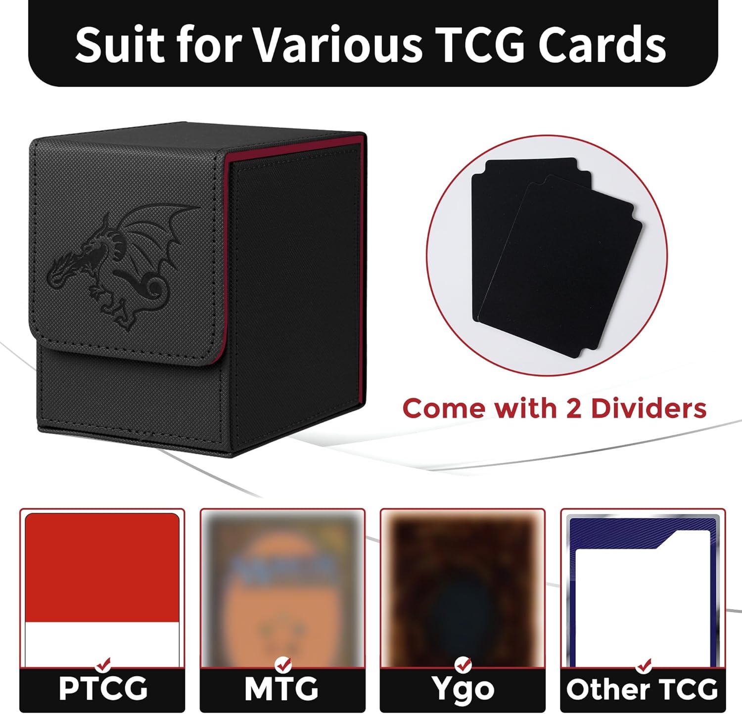 Card Deck Box with 2 Dividers, MTG Commander Deck Box Holds 100+ Double-Sleeved Cards, Leather Magnetic Deck Case Compatible with Magic TCG CCG Cards,Black/Dragon