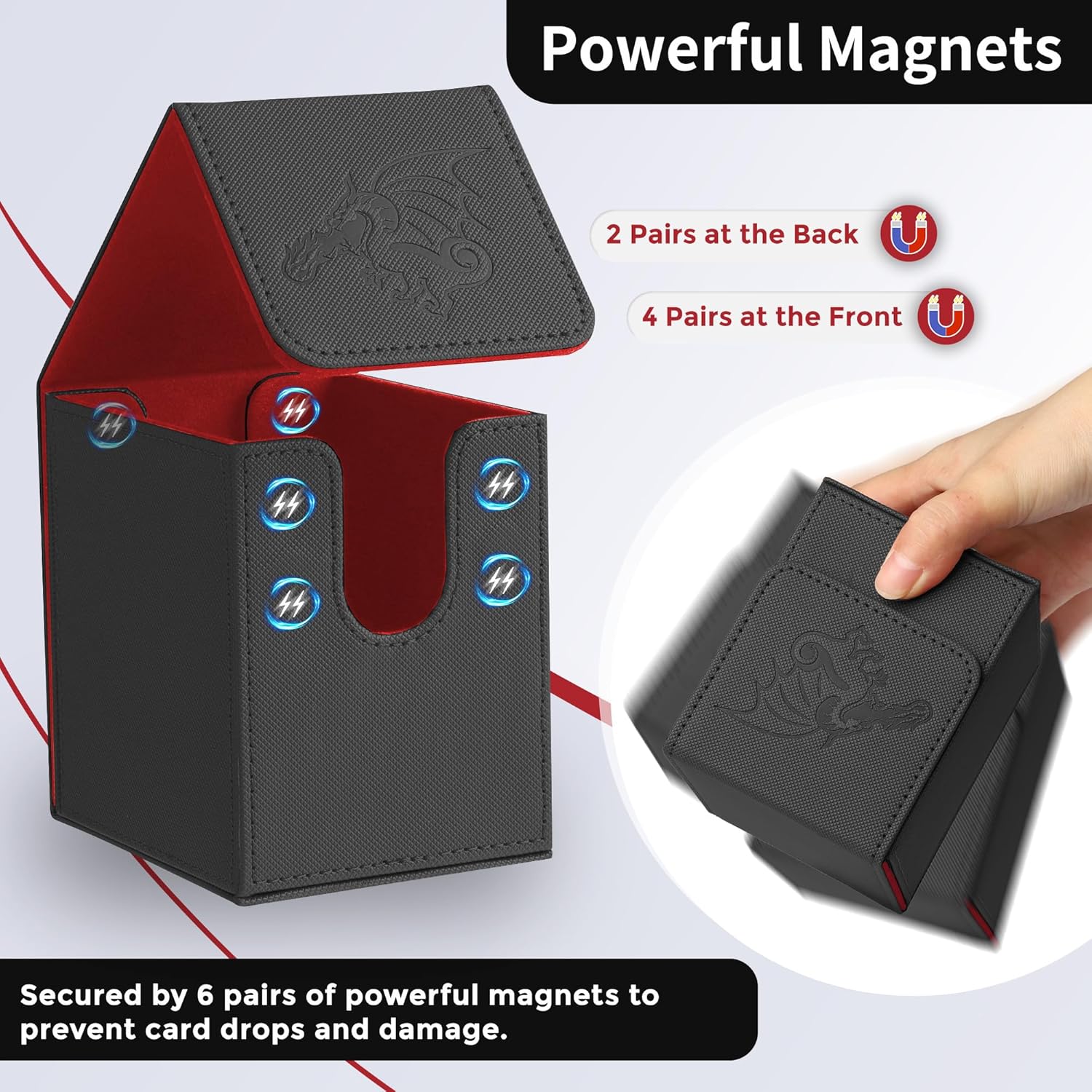 Card Deck Box with 2 Dividers, MTG Commander Deck Box Holds 100+ Double-Sleeved Cards, Leather Magnetic Deck Case Compatible with Magic TCG CCG Cards,Black/Dragon