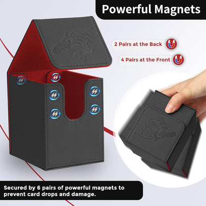 Card Deck Box with 2 Dividers, MTG Commander Deck Box Holds 100+ Double-Sleeved Cards, Leather Magnetic Deck Case Compatible with Magic TCG CCG Cards,Black/Dragon