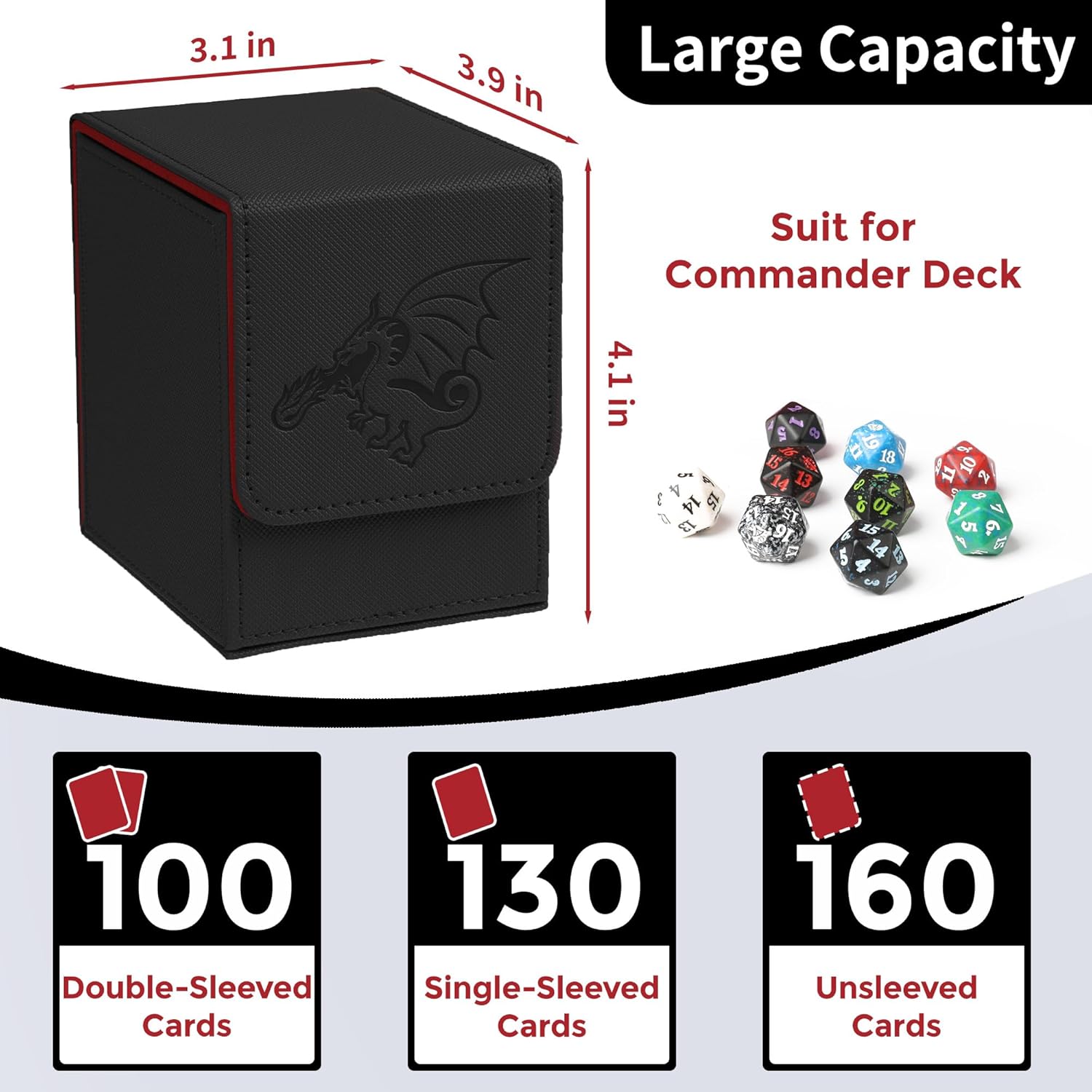 Card Deck Box with 2 Dividers, MTG Commander Deck Box Holds 100+ Double-Sleeved Cards, Leather Magnetic Deck Case Compatible with Magic TCG CCG Cards,Black/Dragon