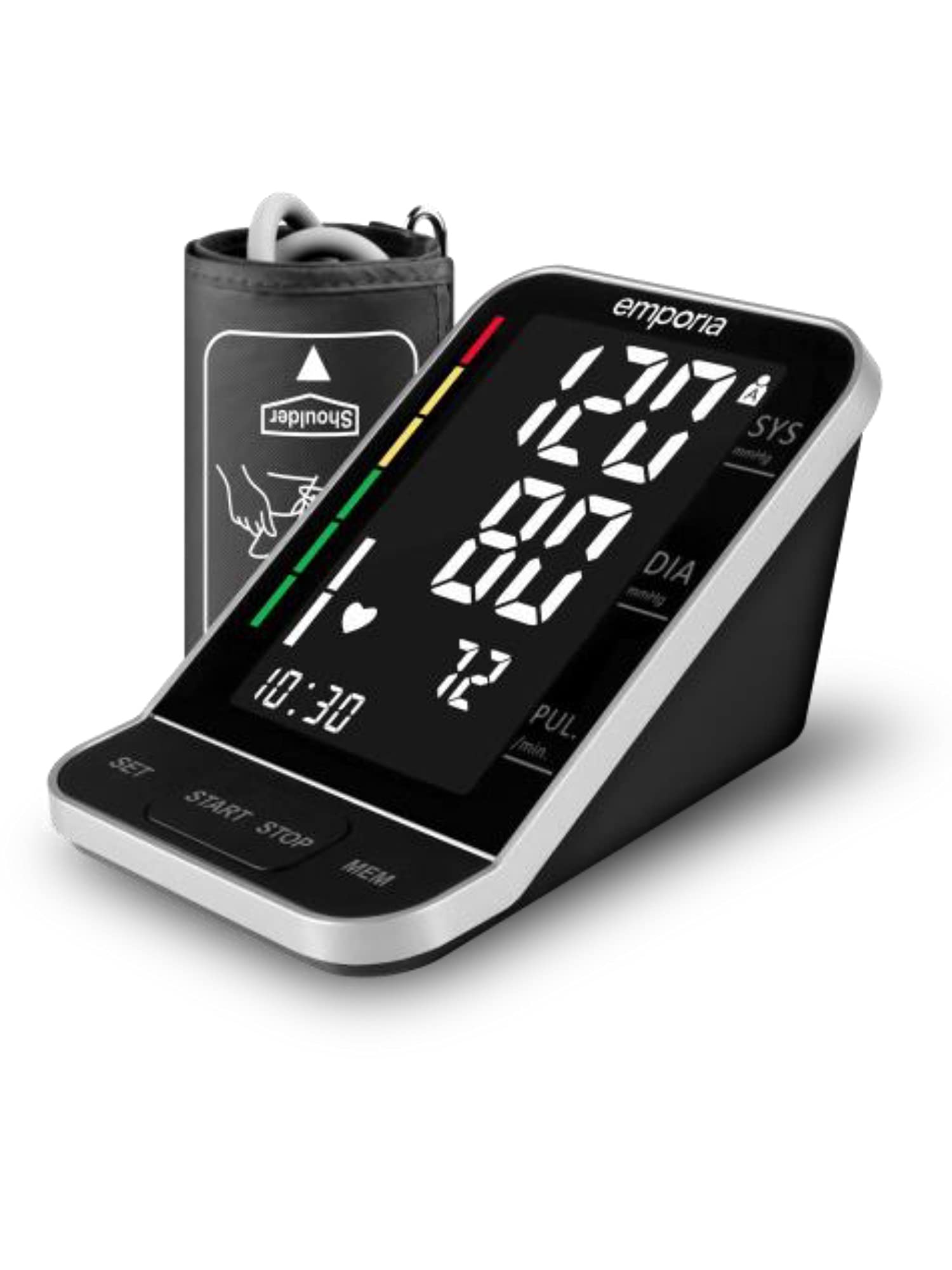 Digital upper arm blood pressure monitor with spoken voice announcement