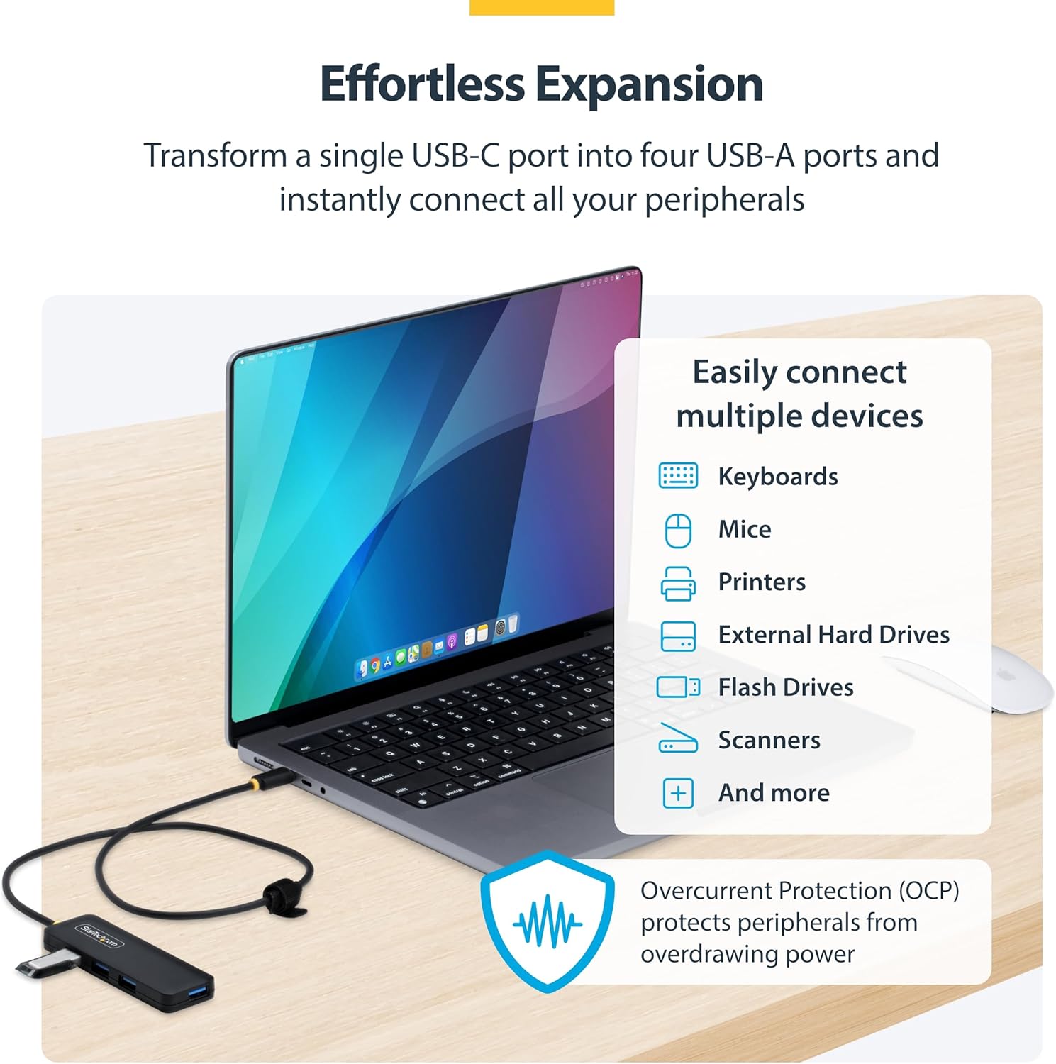 StarTech.com 4-Port USB-C Hub, 5Gbps, Bus Powered, USB-C to 4x USB-A Mini Hub, Extra Long 2ft/61cm Host Cable, PCR Plastic