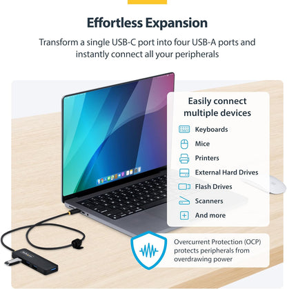 StarTech.com 4-Port USB-C Hub, 5Gbps, Bus Powered, USB-C to 4x USB-A Mini Hub, Extra Long 2ft/61cm Host Cable, PCR Plastic