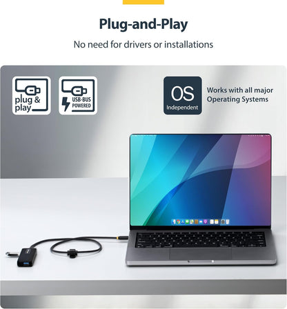 StarTech.com 4-Port USB-C Hub, 5Gbps, Bus Powered, USB-C to 4x USB-A Mini Hub, Extra Long 2ft/61cm Host Cable, PCR Plastic