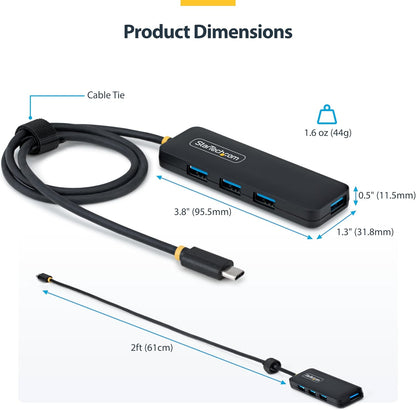 StarTech.com 4-Port USB-C Hub, 5Gbps, Bus Powered, USB-C to 4x USB-A Mini Hub, Extra Long 2ft/61cm Host Cable, PCR Plastic