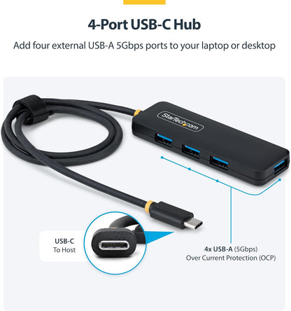 StarTech.com 4-Port USB-C Hub, 5Gbps, Bus Powered, USB-C to 4x USB-A Mini Hub, Extra Long 2ft/61cm Host Cable, PCR Plastic