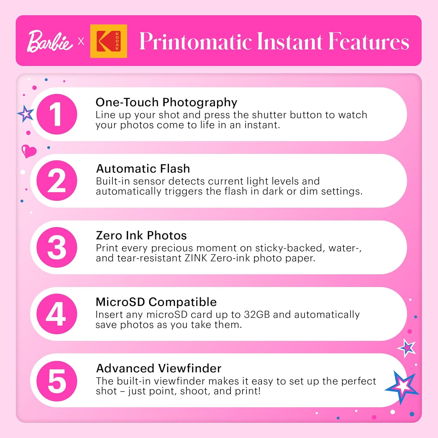 Barbie x Kodak Printomatic Digitale Camera – 5MP Draagbare Barbie Camera Print Kleurige 2x3” Stickers – Handtekeningstijl