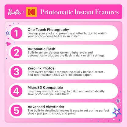 Barbie x Kodak Printomatic Digitale Camera – 5MP Draagbare Barbie Camera Print Kleurige 2x3” Stickers – Handtekeningstijl