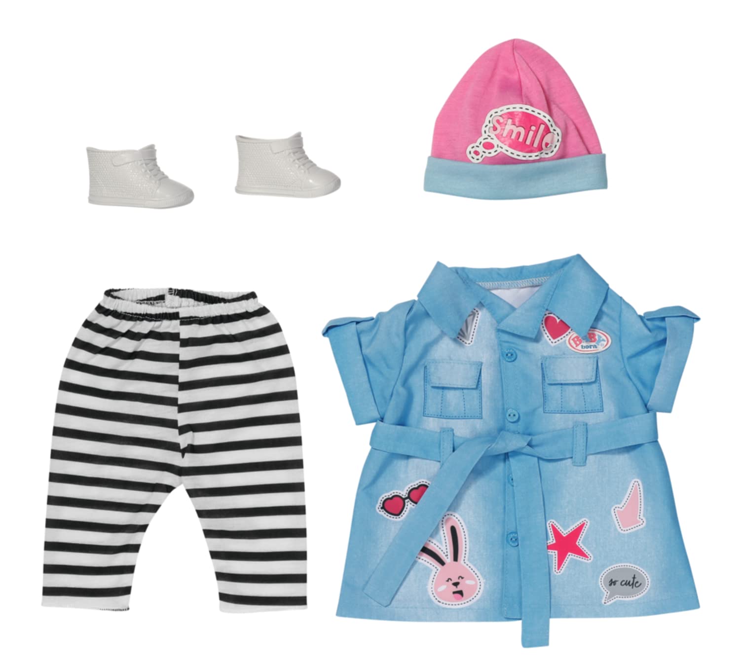 BABY born BABY born Zapf Creation 835258 BABY born Deluxe Jeans Kleid 43cm - Puppenkleidung Set mit Puppenkleid, gestreifter Leggings, rosa Mütze und Schuhen.