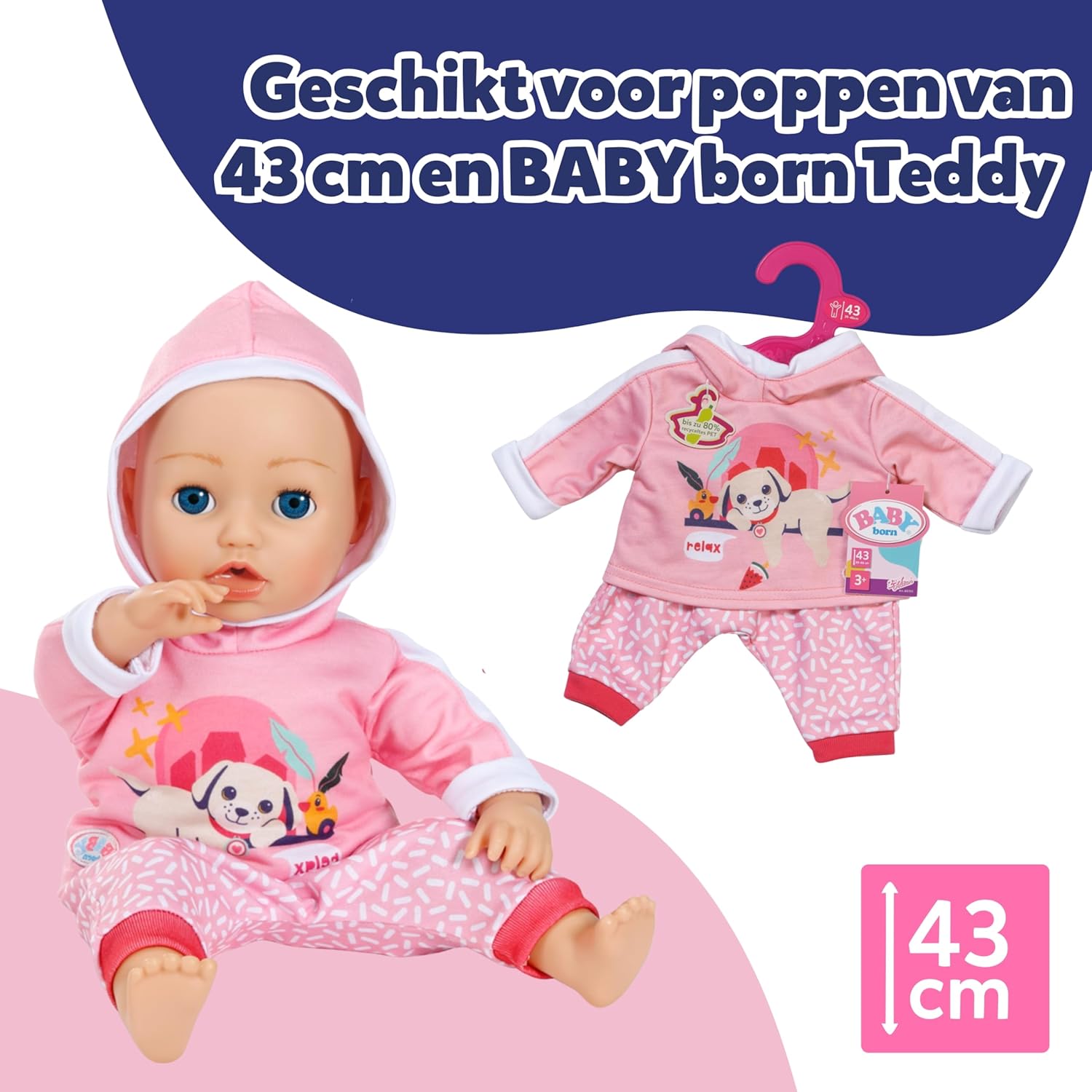 BABY born joggingpak - Met capuchon incl. hondenprint & gedessineerde broek - Hoogwaardige poppenaccessoires - Kleding geschikt voor poppen maat 43 cm