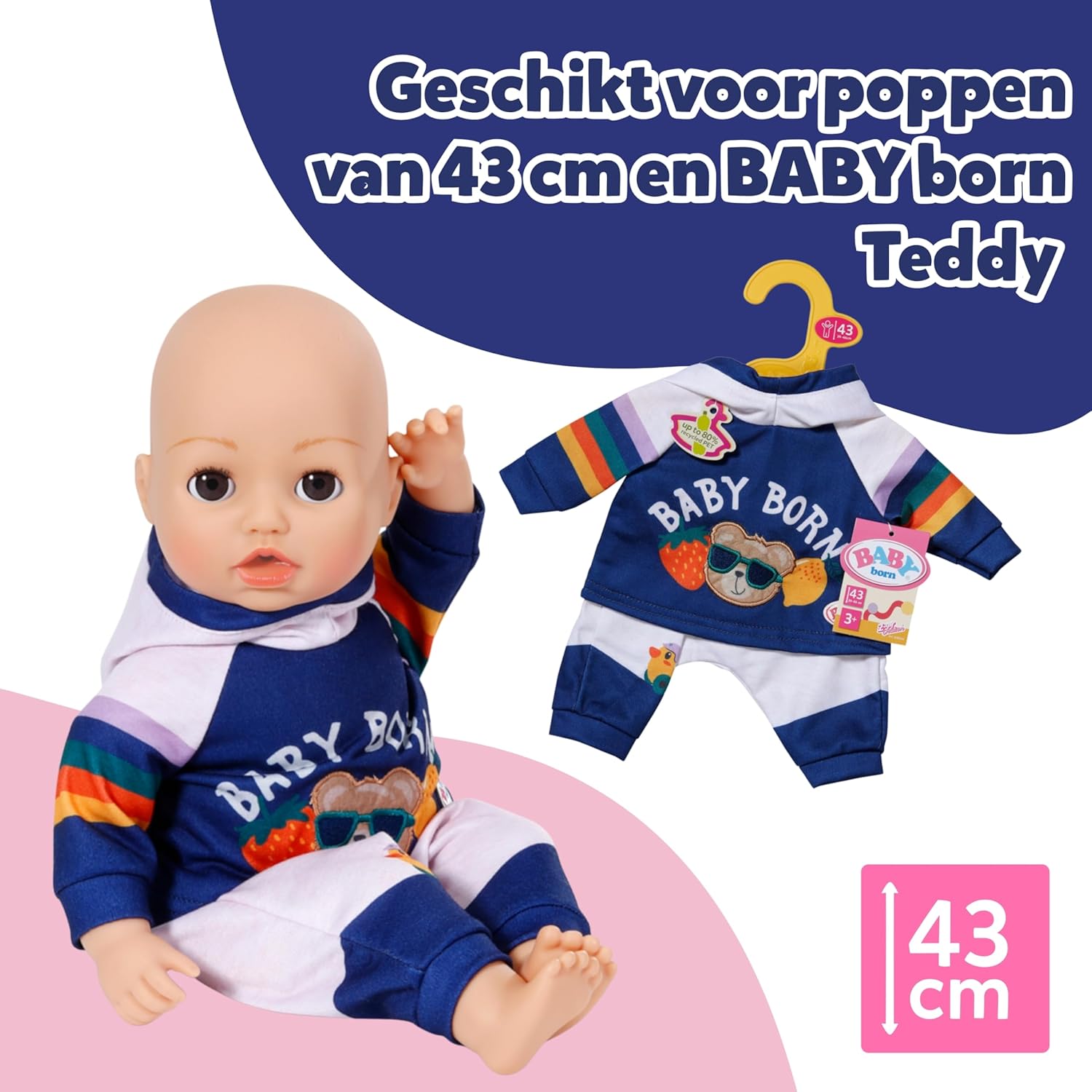 BABY born joggingpak - Met marineblauwe hoodie incl. teddyprint & grijze broek - Hoogwaardige poppenaccessoires - Kleding geschikt voor poppen van 43 cm