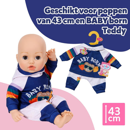 BABY born joggingpak - Met marineblauwe hoodie incl. teddyprint & grijze broek - Hoogwaardige poppenaccessoires - Kleding geschikt voor poppen van 43 cm