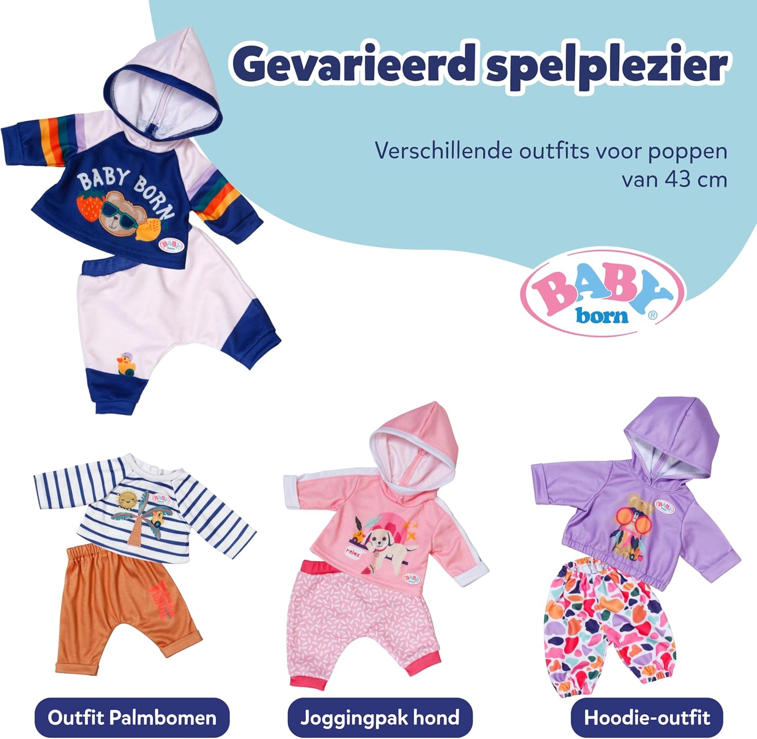 BABY born joggingpak - Met marineblauwe hoodie incl. teddyprint & grijze broek - Hoogwaardige poppenaccessoires - Kleding geschikt voor poppen van 43 cm
